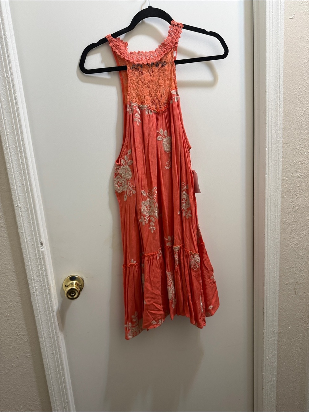 Coral Floral Lace-Trim Midi Dress